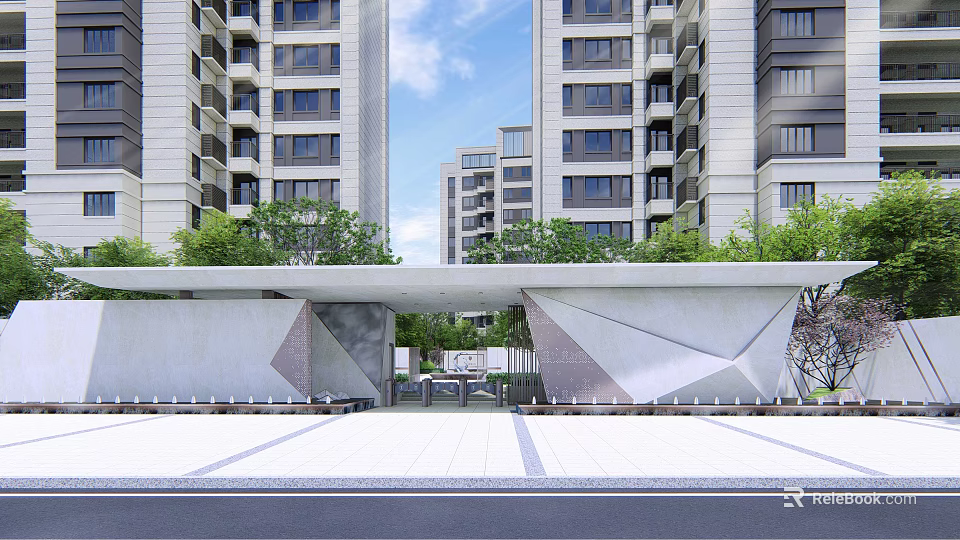 Modern High Rise Residential Entrance Gate With Geometric Design Green Plants Stone Pavement And Benches 3d model 