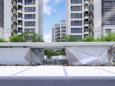 Modern High Rise Residential Entrance Gate With Geometric Design Green Plants Stone Pavement And Benches 3d model