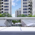 Modern High Rise Residential Entrance Gate With Geometric Design Green Plants Stone Pavement And Benches