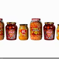 Assorted Canned Fruits in Glass Jars with Peach Orange Various Brands and Different Sizes