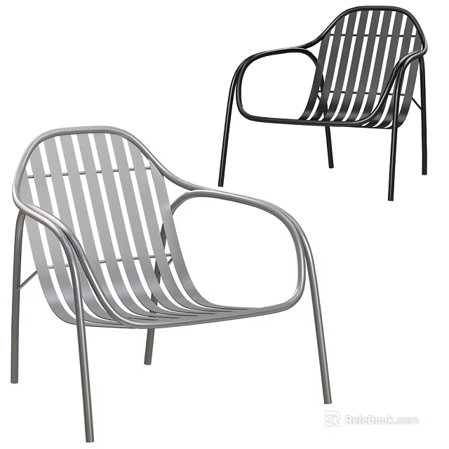 Modern Single Chair With Metal Frame Slatted Seat Backrest Armrests Silver Black Color Options 3d model 