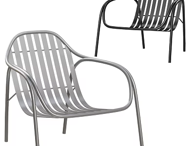 Modern Single Chair With Metal Frame Slatted Seat Backrest Armrests Silver Black Color Options 3d model