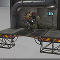 Mechanical Creature With Weapon Standing On Metal Platform With Industrial Pipes And Warning Stripes