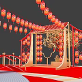 Red Chinese Art Installation With Pavilion Lanterns Happy New Year Decorations Circular Platform And Steps