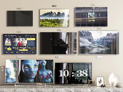 Various Televisions With Scenic Views Character Images And Time Display On Wall And Table 3d model