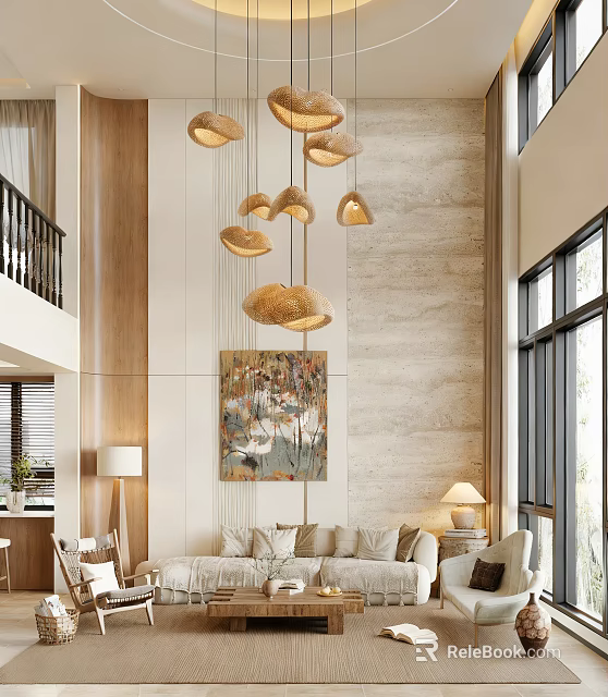 Modern Duplex Living Room Interior Featuring Hanging Pendant Lights Artwork And Floor to Ceiling Windows 3d model 