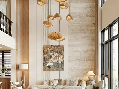 Modern Duplex Living Room Interior Featuring Hanging Pendant Lights Artwork And Floor to Ceiling Windows 3d model
