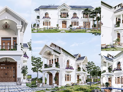Detached Villa Exterior Design With White Facade Balconies And Spacious Garden 3d model