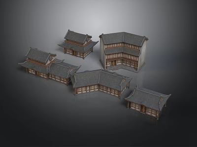 Traditional Chinese Architecture Models With Grey Tile Roofs Overhanging Eaves And Wooden Courtyard Structures 3d model