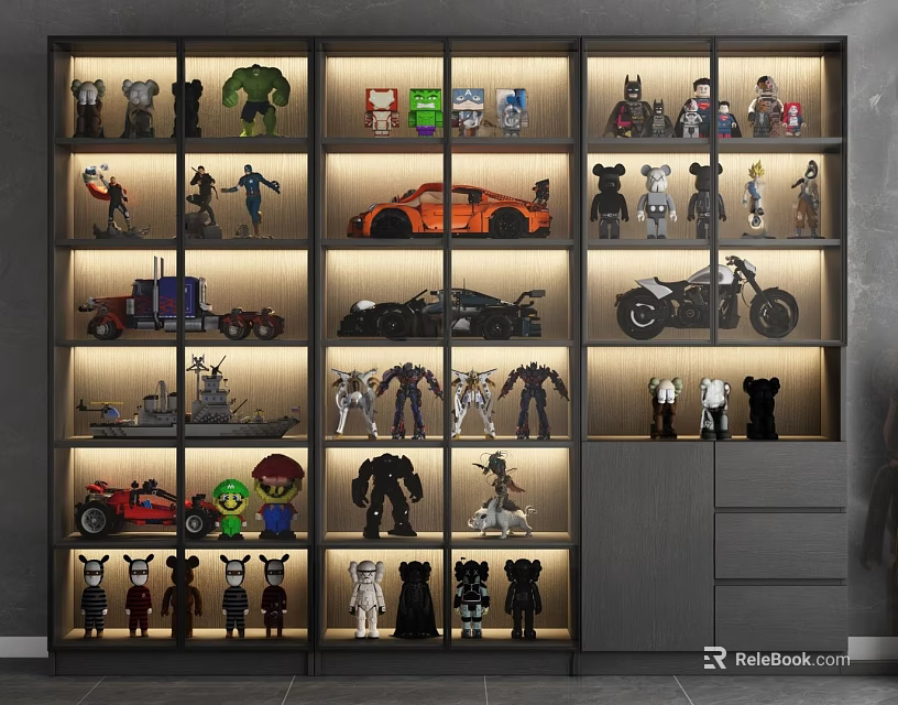 Modern Display Cabinet Shelves With LED Lighting Showcasing Collectible Action Figures Toy Cars And Motorcycles 3d model 