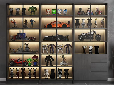 Modern Display Cabinet Shelves With LED Lighting Showcasing Collectible Action Figures Toy Cars And Motorcycles 3d model