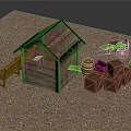 Wooden Cabin Scene With Sandy Ground Wheelbarrow Barrels Crates And Bench