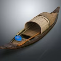 Traditional Wooden Water Transport Vessel With Bamboo Canopy Blue Container And Oar