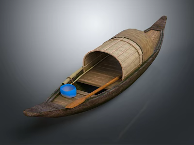 Traditional Wooden Water Transport Vessel With Bamboo Canopy Blue Container And Oar 3d model