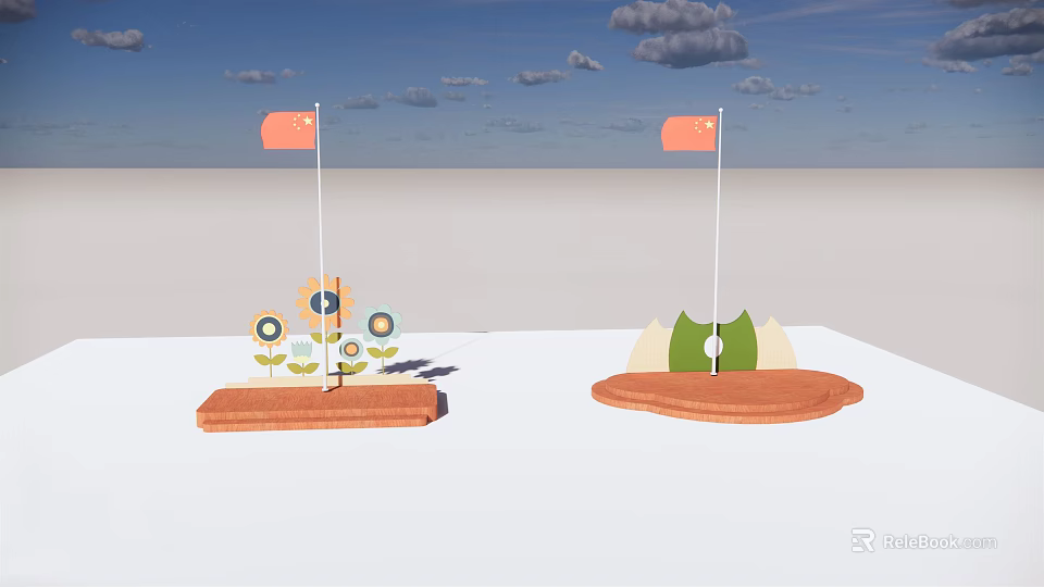 Decorative Ground With Red Flags Flower Patterns And Leaf Shaped Structures 3d model 