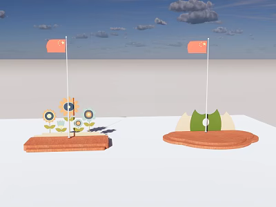 Decorative Ground With Red Flags Flower Patterns And Leaf Shaped Structures 3d model