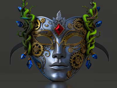 Game Movie Character's Silver Mask With Gears Green Snake Decorations Red And Blue Gemstones 3d model
