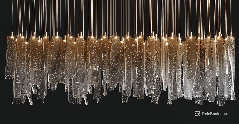 Modern Elegant Chandelier With Glass Icicle Pendants Golden Hanging Wires And Illuminated Glow 3d model 