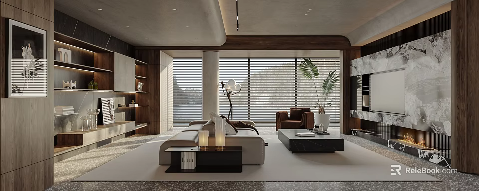 Modern Living Room Interior With Comfortable Sofa Coffee Table Floor Lamp And Decorative Plants 3d model 