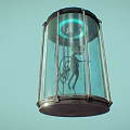 Transparent Cylindrical Glass Container With Humanoid Creature Green Glowing Ring And Metal Frame