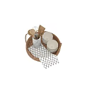 Stylish Dinnerware Set With Wicker Basket White Patterned Container Wooden Utensils Bowls And Checkered Cloth