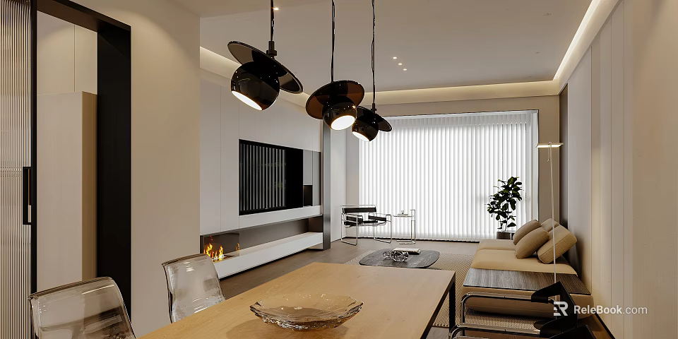 Modern Living Dining Room With Pendant Lights TV Wall Sofa And Wooden Table 3d model 