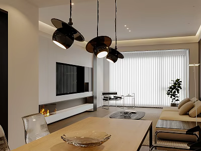 Modern Living Dining Room With Pendant Lights TV Wall Sofa And Wooden Table 3d model