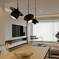 Modern Living Dining Room With Pendant Lights TV Wall Sofa And Wooden Table