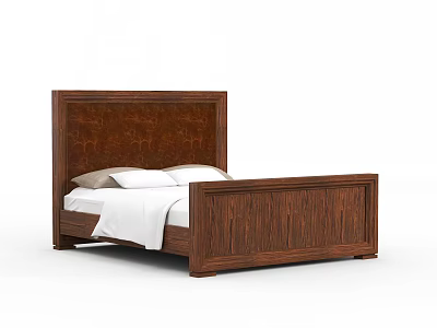 Wooden Double Bed Featuring Textured Headboard Storage Drawers And White Bed Linens 3d model
