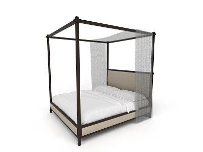 Double Bed With Black Four Poster Frame Net Canopy And Beige Headboard 3d model