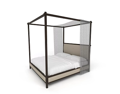 Double Bed With Black Four Poster Frame Net Canopy And Beige Headboard 3d model