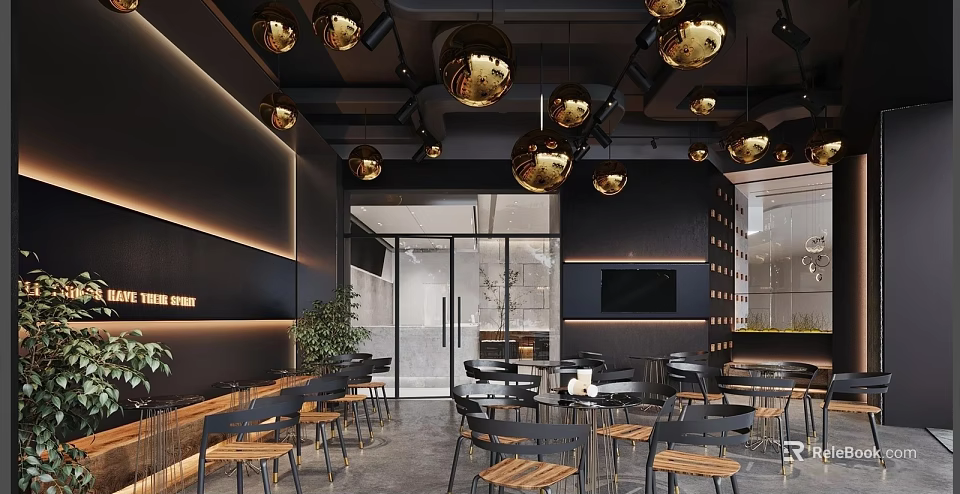 Modern Restaurant Interior With Golden Pendant Lights Wooden Tables And Green Plants 3d model 