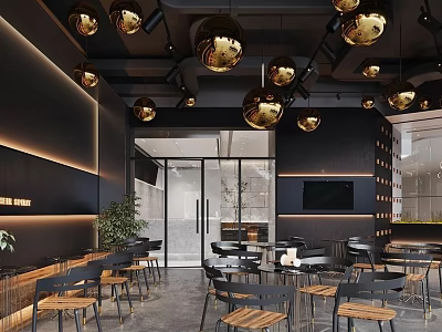 Modern Restaurant Interior With Golden Pendant Lights Wooden Tables And Green Plants 3d model