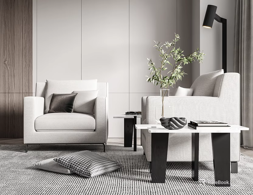 Stylish Casual Sofa Set With Light Colored Upholstery Potted Plant Coffee Table And Floor Lamp 3d model 