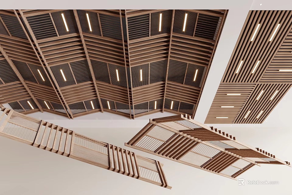 Contemporary Wooden Slatted Ceiling Design With Integrated Lighting And Linear Patterns 3d model 