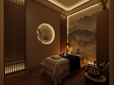 Relaxing SPA Sauna Room With Massage Bed And Traditional Mountain Painting 3d model