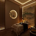 Relaxing SPA Sauna Room With Massage Bed And Traditional Mountain Painting