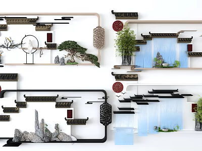 Traditional Chinese Wall Decor With Rockery Pine Tree Water Elements Circular Motifs And Eave Structures 3d model