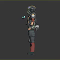 Futuristic Armored Character With Green Gold Helmet And Red Gray Body Armor