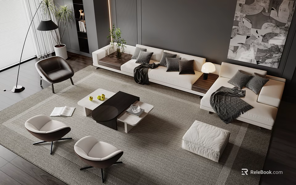 Modern Sofa And Coffee Table Set With White Upholstery Gray Cushions And Area Rug 3d model 