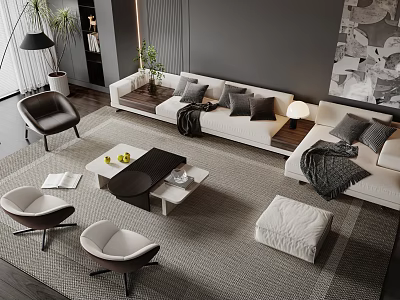 Modern Sofa And Coffee Table Set With White Upholstery Gray Cushions And Area Rug 3d model