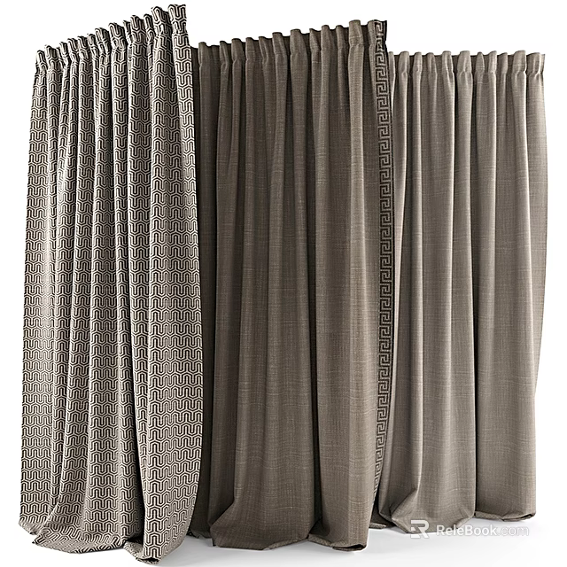 Gray Curtain Designs With Geometric Pattern And Textured Fabric Trim For Modern Interior Decor 3d model