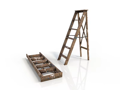 Vintage Wooden Ladders Open And Folded Isolated On White Background With Distressed Look 3d model