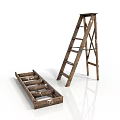 Vintage Wooden Ladders Open And Folded Isolated On White Background With Distressed Look