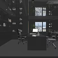 Modern Black Office Interior With Large Windows Marble Coffee Table And Plants