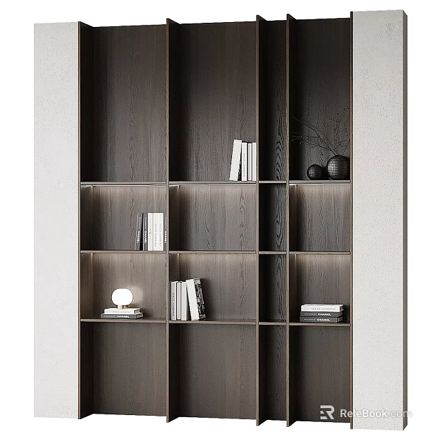 Modern Wooden Bookcase With Layered Shelves Books Table Lamp And Decorative Vase 3d model 