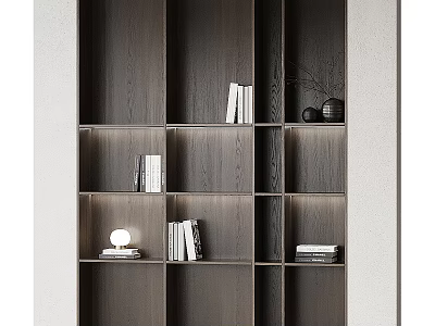Modern Wooden Bookcase With Layered Shelves Books Table Lamp And Decorative Vase 3d model