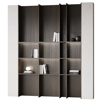Modern Wooden Bookcase With Layered Shelves Books Table Lamp And Decorative Vase 3d model