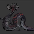 Mystical Fantasy Dragon Creature With Multiple Horns Long Serpentine Body And Glowing Red Eyes