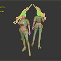 Game Movie Female Character In Teal Outfit Holding Rifles With Helmet And High Heels